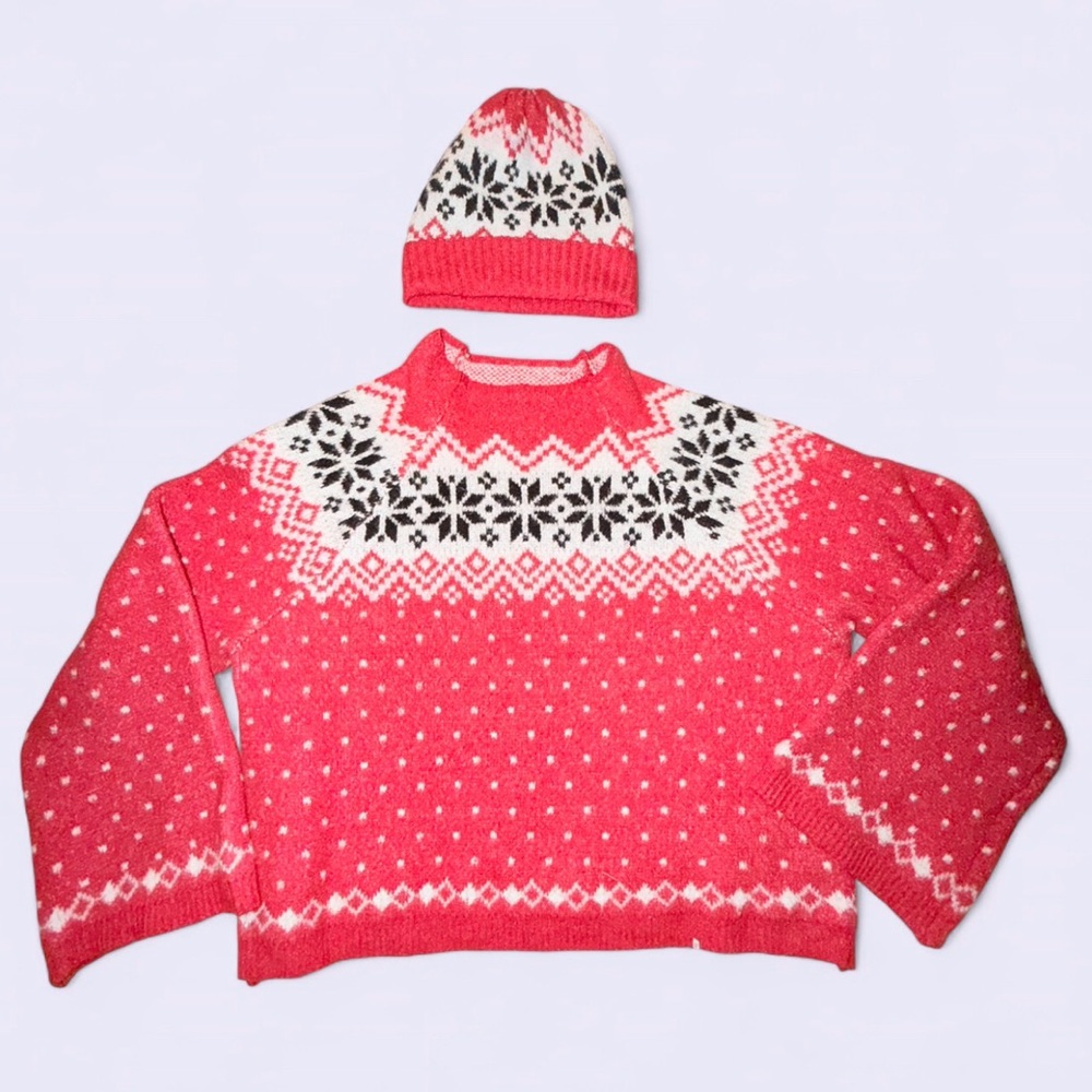No Boundaries Red Snowflake Sweater & Beanie Set — XXL (20)